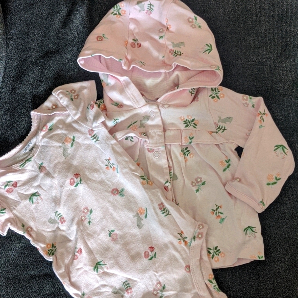 Spring/Easter/Bunny set. Hooded cardigan, pants and bodysuit. Pink 9 month